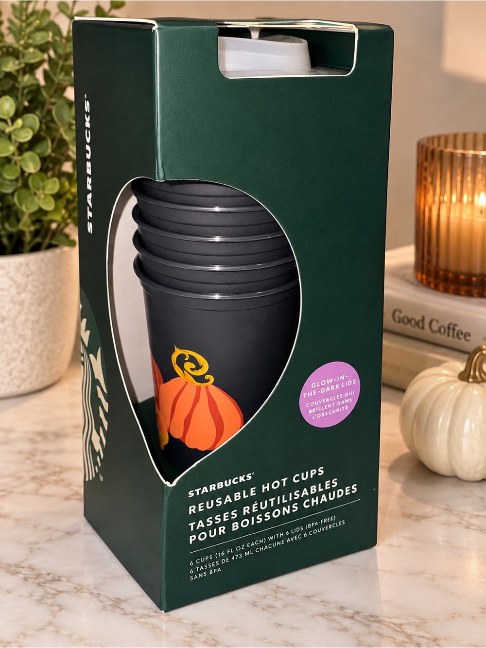 Starbucks Black Reusable Hot Cups with Pumpkin Design